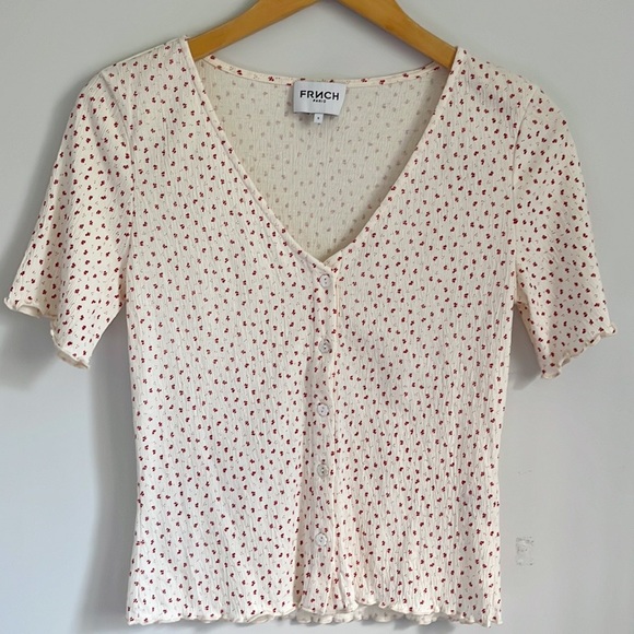 FRNCH Ornella Floral Ruffle Frill Trim Cream V Neck T Shirt S - Picture 4 of 15